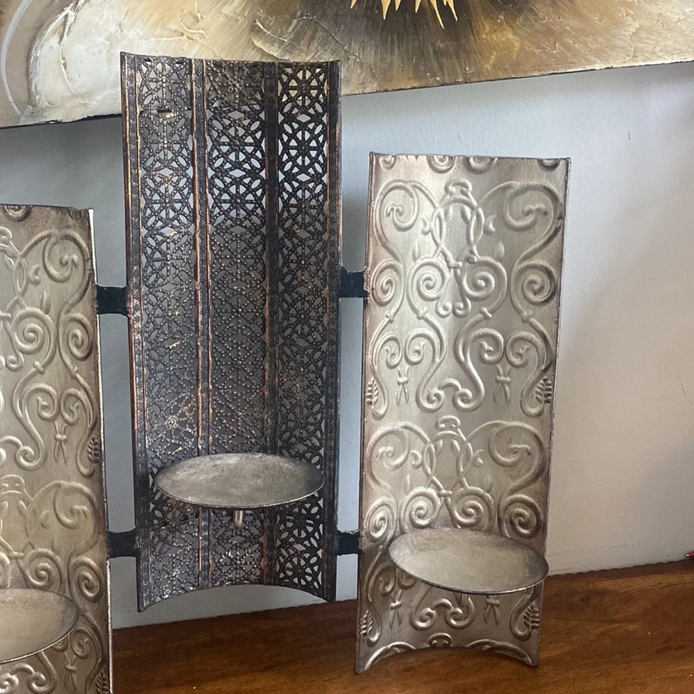 Vintage Pier 1 Metal Scroll Wall Sconce Candle Holder 4 Pillar Earth Tones